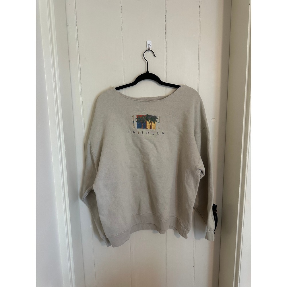 Vintage Y2K La Jolla California Palm‎ Tree Embroidered Raw Neck Sweatshirt Tan L